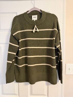 aerie Olive Green and Cream Striped Crewneck Sweater